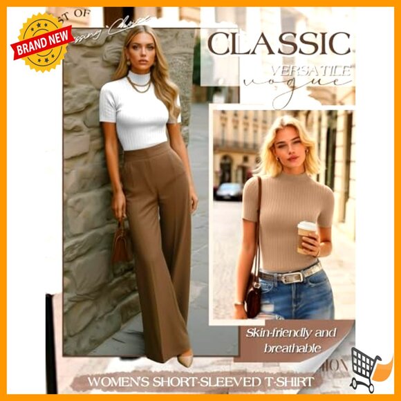 Mock Turtleneck Ribbed Tees Slim Fit Layering Tops Lightweight Cotton Blend - Picture 5 of 7